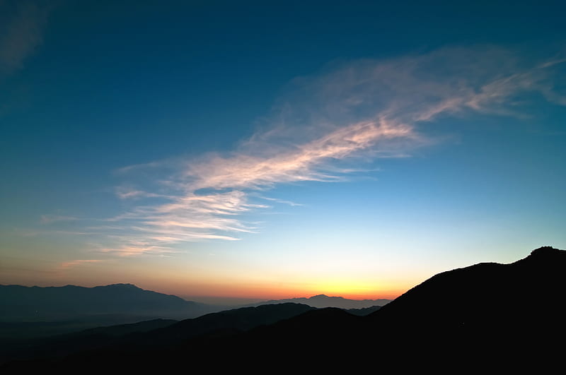 mountains, sunset, horizon, sky, clouds, california, HD wallpaper