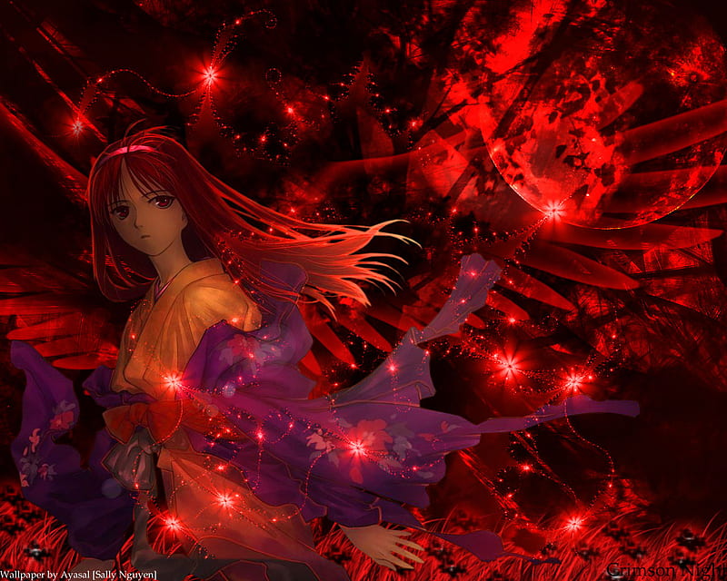 Crimson night, forest, red light, long hair, anime, HD wallpaper | Peakpx