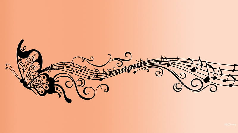 Musical Butterfly, butterfly, notes, music, peach, score, abstract, HD wallpaper