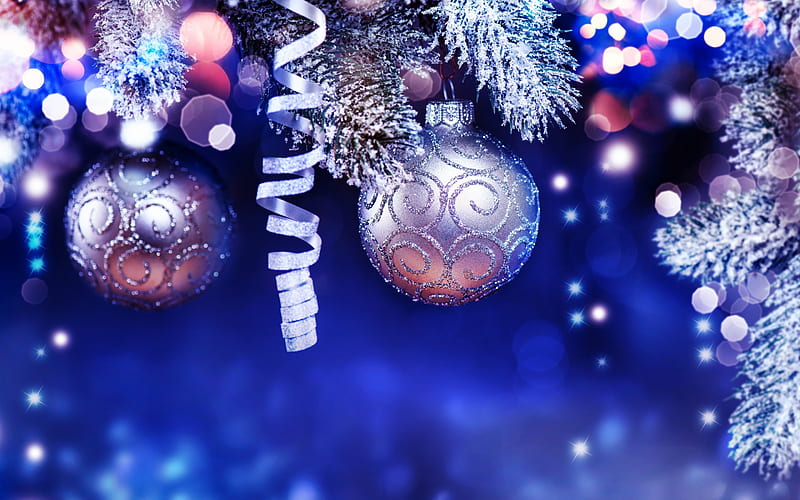 New Year, Blue Christmas background, decoration, silver Christmas balls, silver ribbons, Christmas, HD wallpaper