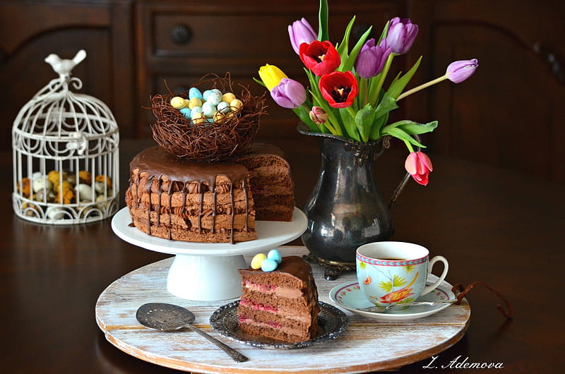 Happy Easter!, cake, egg, food, flower, easter, cahe, sweet, tulip, dessert, HD wallpaper