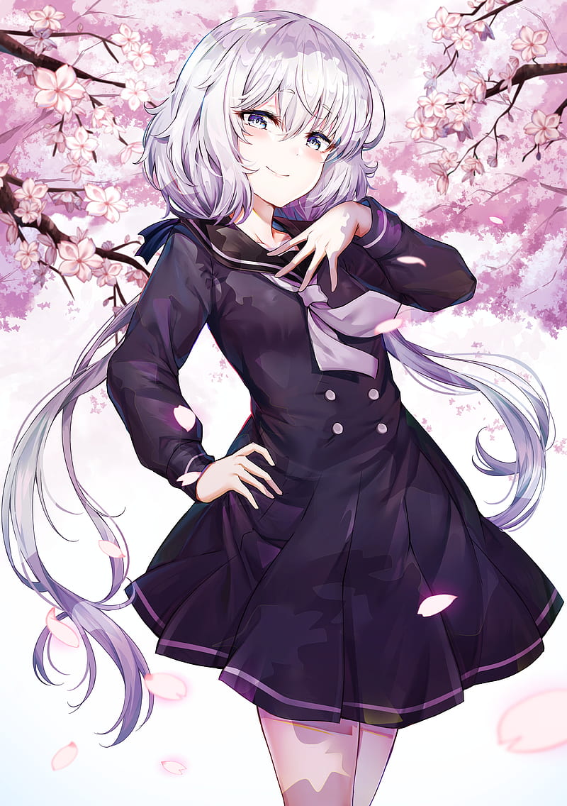konno junko, zombieland saga, school uniform, cherry blossom, white hair, smiling, Anime, HD phone wallpaper