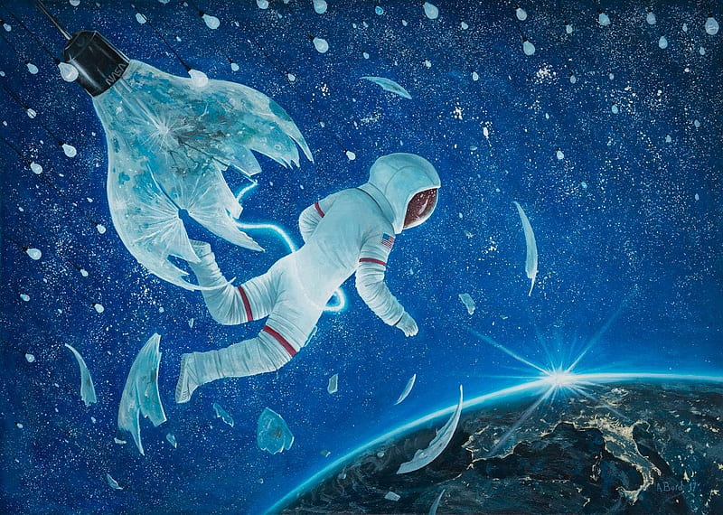 The birth of the first astronaut, astronaut, man, bulb, adrian borda, white, blue, cosmonaut, art, luminos, fantasy, HD wallpaper