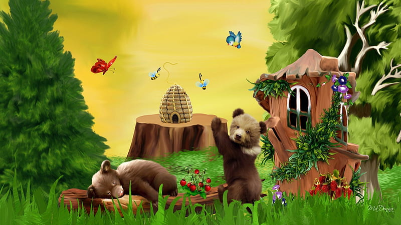 Honey Bears in the Woods, entranced, grass, charmed, woods, blue bird, honey comb, magic, lights, fantasy, bewitched, logs, spellbound, strawberries, whimiscal, forest, butterflies, sky, trees, bees, honey, magical, hive, nature, bears, stump, HD wallpaper