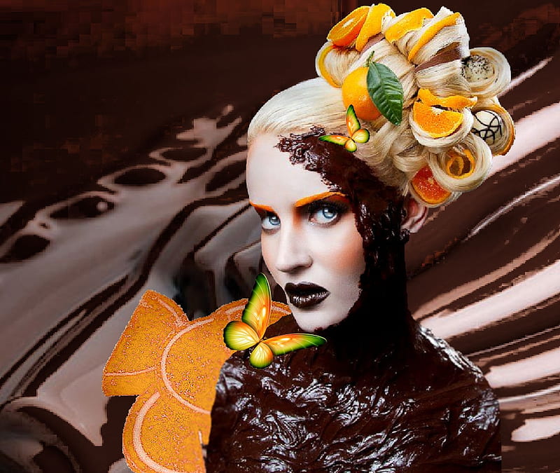 Chocolate full body paint and fruit hair art, artistic, pretty, stunning, chocolate, bonito, woman, women, fruit, fantasy, bon bons, feminine, girls, gorgeous, female, lovely, creative, candied, candied fruit, HD wallpaper