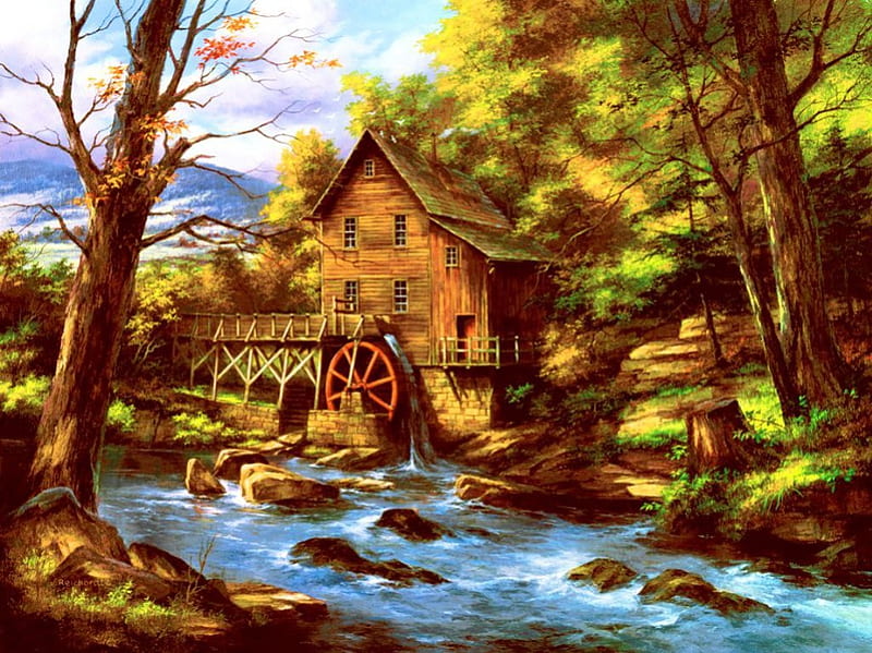 Rocky Creek Mill, forest, stones, watermill, painting, river, trees ...