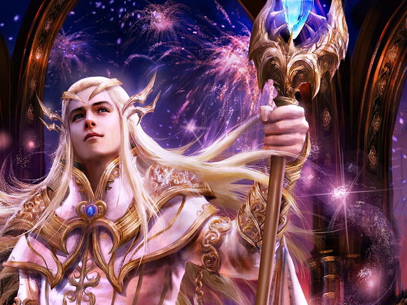 Elf prince, fantasy, elf, game, legend of the cryptids, man, prince, pink, blue, HD wallpaper