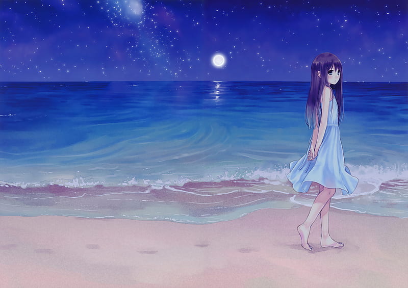 Original, beach, moon, kazuharu kina, dress, barefoot, long hair, night, HD wallpaper