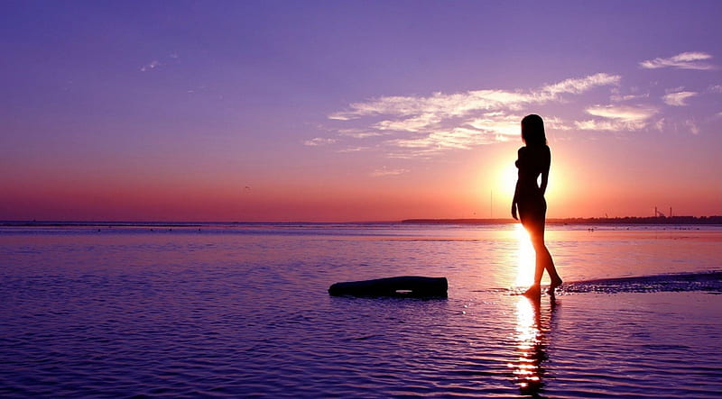 Silhouette, ocean, sunset, sky, sea, women, HD wallpaper