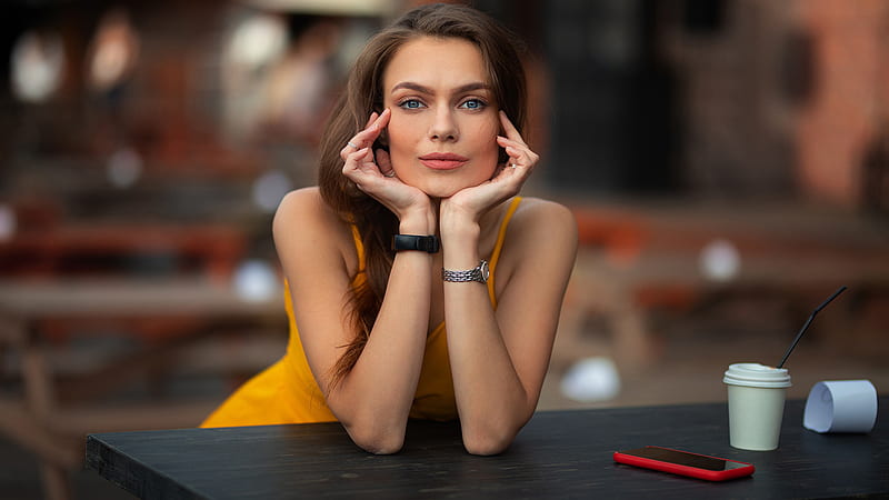Blue Eyes Brunette Girl Model Woman In Blur Background Is Wearing Yellow Dress Holding Face With Hands Girls, HD wallpaper