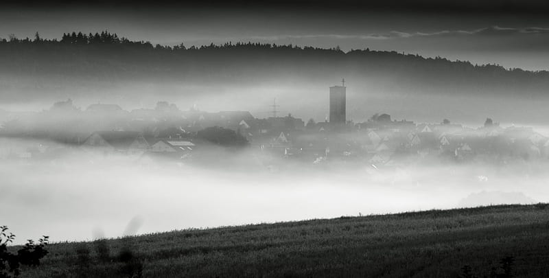 Village lost in the Fog, black, village, white, fog, HD wallpaper