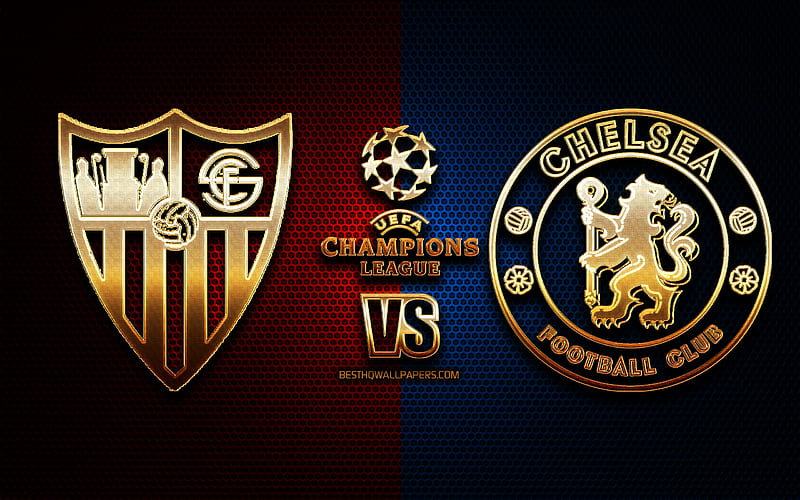 Sevilla vs Chelsea, season 2020-2021, Group E, UEFA Champions League, metal grid backgrounds, golden glitter logo, Chelsea FC, Sevilla FC, UEFA, HD wallpaper