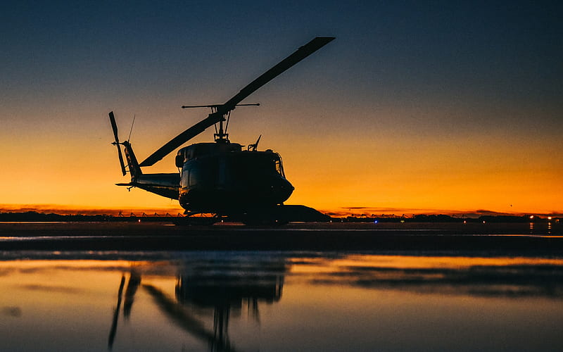 Bell UH-1 Iroquois, military transport helicopter, Bell 212, evening, sunset, airfield, military helicopters, US Air Force, HD wallpaper