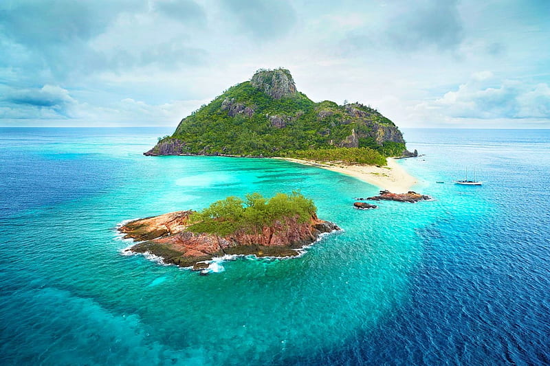 Monuriki Island, Castaway Island, Fiji, rocks, ocean, bonito, clouds, palm trees, beach, turquoise, sand, paradise, island, sailboat, HD wallpaper