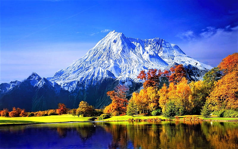 autumnal panorama, mountain, autumn, trees, lake, HD wallpaper