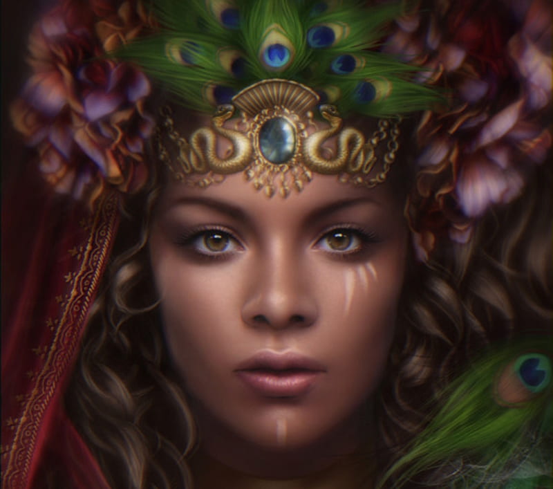 Queen of the Sun Realm, red, luminos, cris ortega, peacock, queen, fantasy, girl, green, feather, flower, face, pink, HD wallpaper