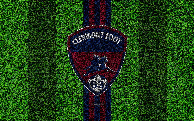 Clermont FC, Clermont Foot 63 logo, football lawn, french soccer club, purple blue lines, grass texture, Ligue 2, Clermont-Ferrand, France, football, soccer field, HD wallpaper