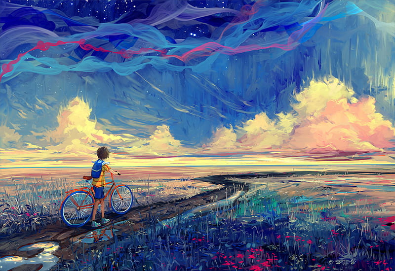 Riding Bike To Dreamland, bicycle, artist, artwork, digital-art, HD wallpaper