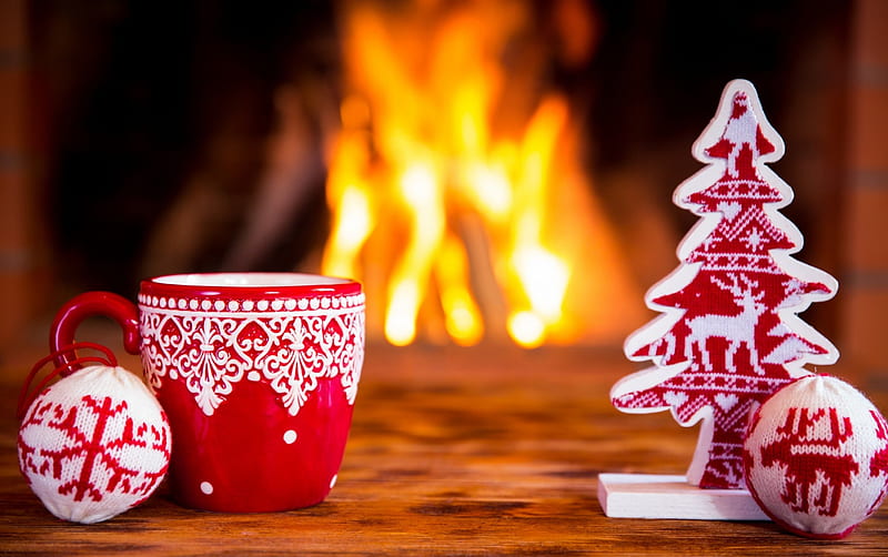 Merry Christmas!, red, deco, craciun, orange, christmas, fire, tree, ball, cup, white, HD wallpaper