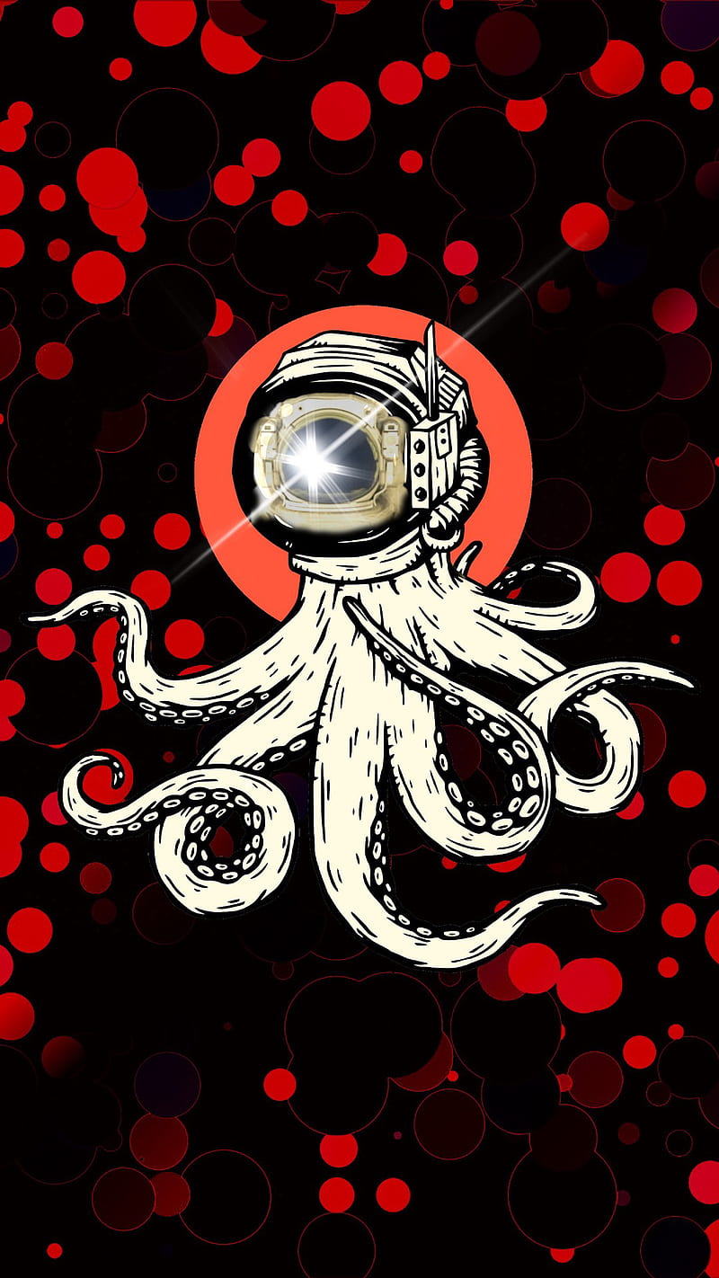 “Astro Octopus”, astro, funny, octopus, red and black, retro, sea creature, tentacles, HD phone wallpaper