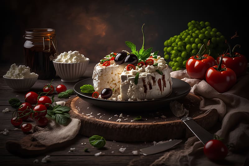 Cottage cheese, Plate, Tomatoes, Olives, Herbs, HD wallpaper