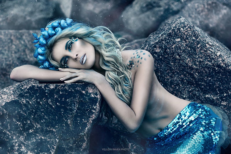 Mermaid, model, rock, creative, woman, sirena, yellow raven , fantasy, tale, girl, summer, hand, face, blue, HD wallpaper