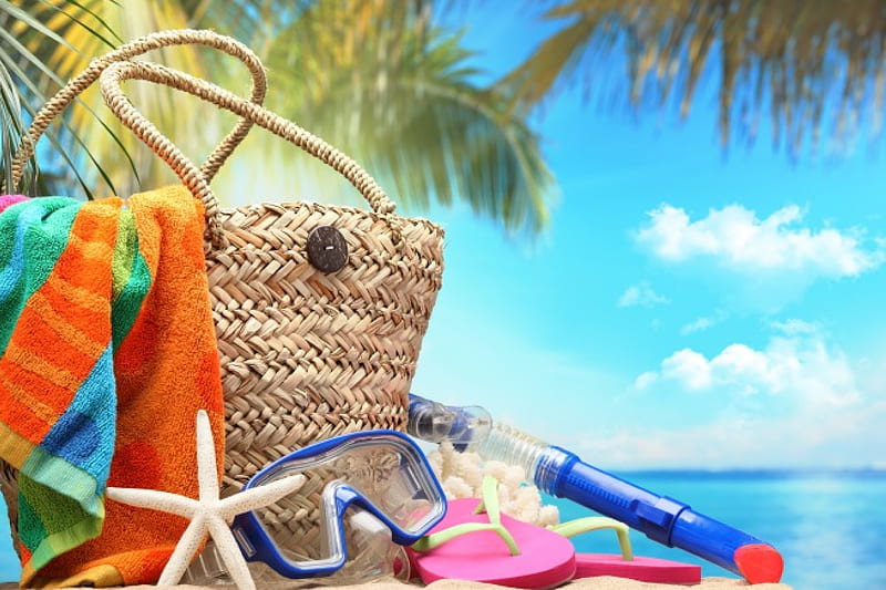 Summer time, beaches, travel, vacantion, summer, palmierr, sunshine, relaxation, hat, HD wallpaper