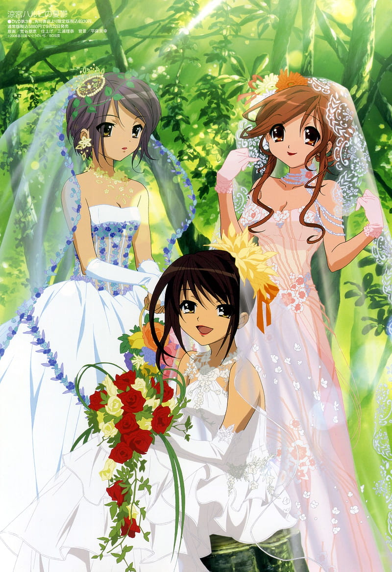 anime, The Melancholy of Haruhi Suzumiya, wedding dress, Suzumiya Haruhi, Asahina Mikuru, Nagato Yuki, HD phone wallpaper