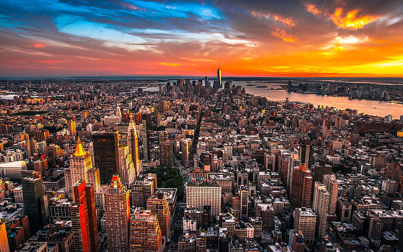 New York, Skyline, sunset, World Trade Center 1, skyscrapers, Manhattan, USA, HD wallpaper