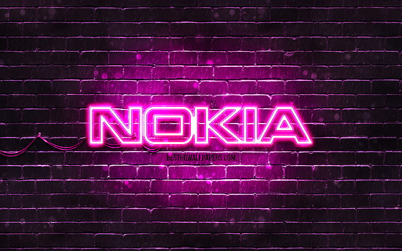 Nokia purple logo purple brickwall, Nokia logo, artwork, Nokia neon logo, Nokia, HD wallpaper