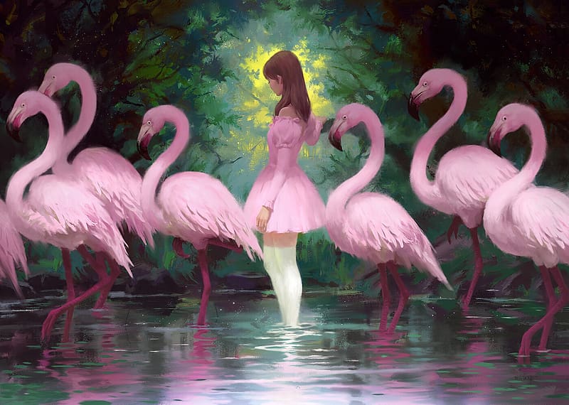 Flamingos, choe heonhwa, pink, art, bird, water, girl, dress, pasari, fantasy, kilart choe heonhwa, kilart, flamingo, HD wallpaper