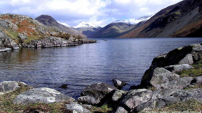 Wast Water, Wasdale, Cumbria, England, Clouds, Lake, Bushes, Snow, Rocks, Hills, HD wallpaper
