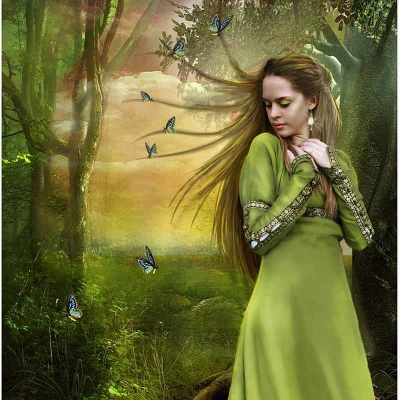 Green Fairy, fantasy, butterflies, lady, fairy, HD wallpaper | Peakpx