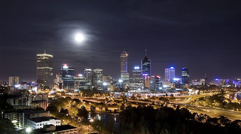 amazing moonlit cityscape, city, moon, night, lights, HD wallpaper