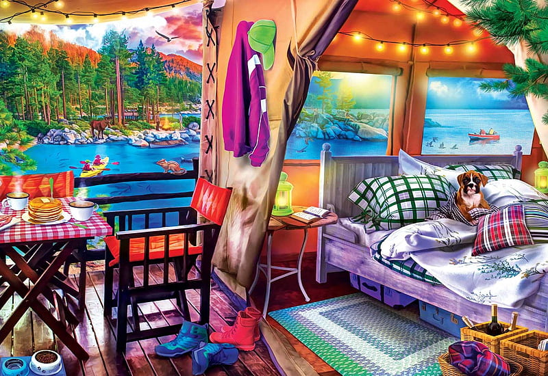 Glamping Style, chairs, table, river, boat, art, painting, bed, tent, trees, HD wallpaper