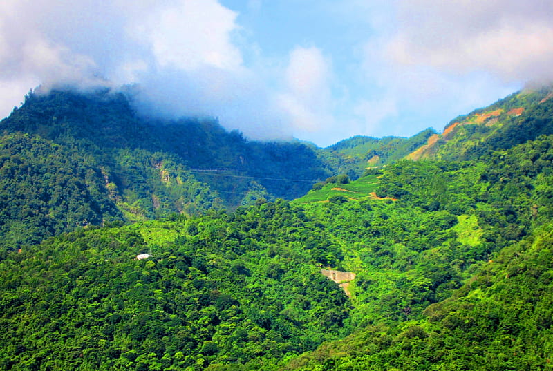 Mountain scenery, mountain, overlooking, white clouds, blue sky ...