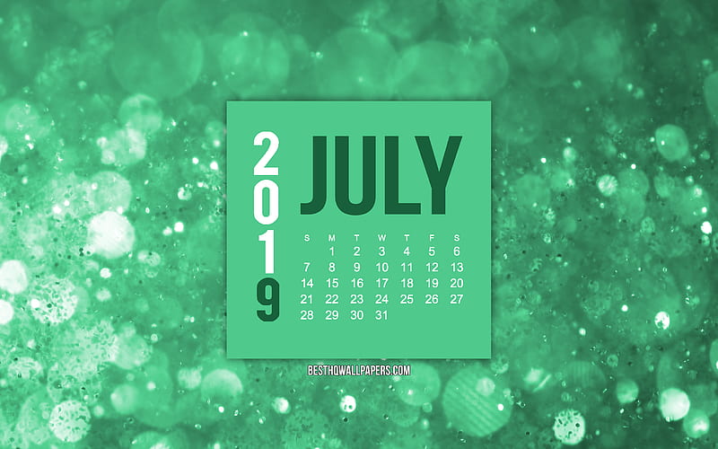 2019 July calendar, turquoise creative background, 2019 calendars, July, 2019 concepts, turquoise 2019 July calendar, HD wallpaper
