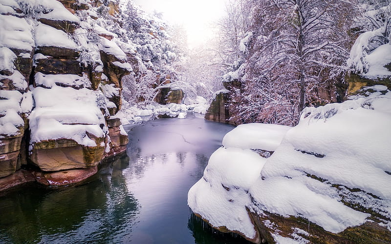 Winter Wonderland along Oak Creek in Sedona, Arizona, rocks, trees, snow, usa, sky, HD wallpaper