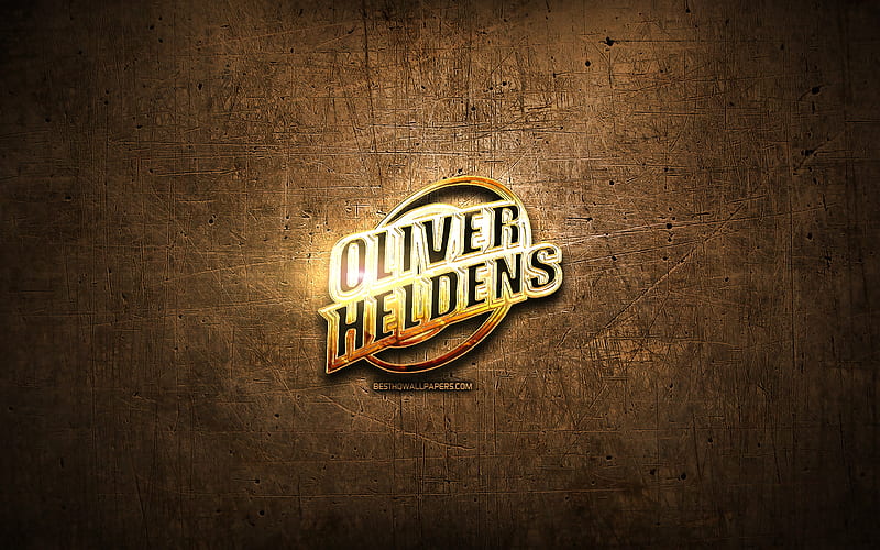 Oliver Heldens golden logo, Dutch DJ, brown metal background, creative, Oliver Heldens logo, brands, Oliver Heldens, HD wallpaper