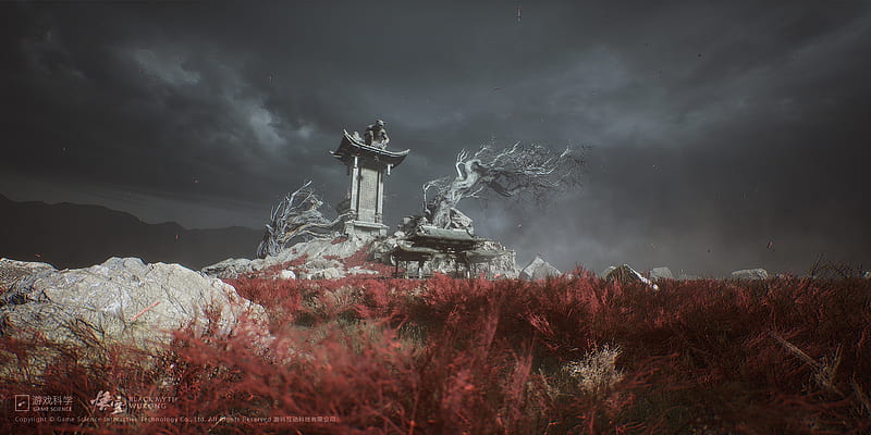 black myth: wukong, ruins, darkness, old tree, beautiful environment, game landscape, Games, HD wallpaper
