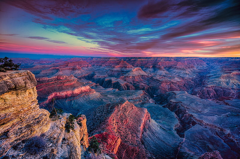 Grand Canyon, South Rim, mountains, arizona, usa, sunset, clouds, sky, HD wallpaper