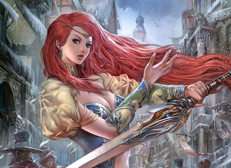 Fantasy girl, fantasy, feng guo, luminos, girl, redhead, game, legend of the cryptids, sword, HD wallpaper