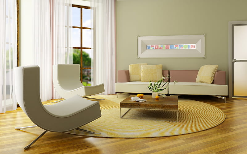 stylish interior design, living room, minimalism, creative armchairs, modern interior, HD wallpaper