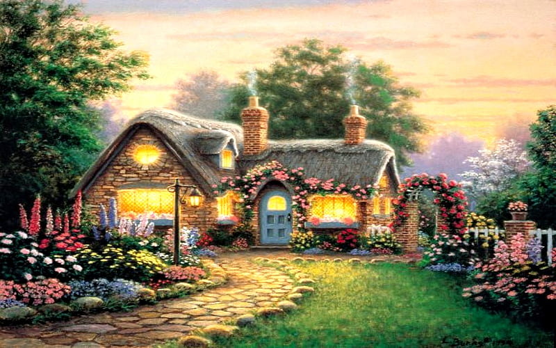 COTTAGE ROSE, flowers, roses, trees, cottage, HD wallpaper