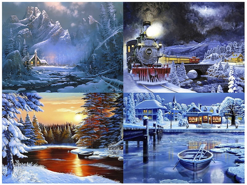 Winter Scenes, shop, sun, cottage, trains, sunset, steam, winter, water, snow, bridge, mountains, steamers, ice, HD wallpaper