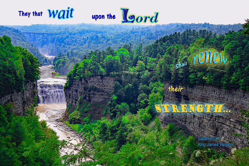 The Lord Renews Strength, water, waterfall, Bible, park, river, trees, forest, hills, religion, inspirational, HD wallpaper