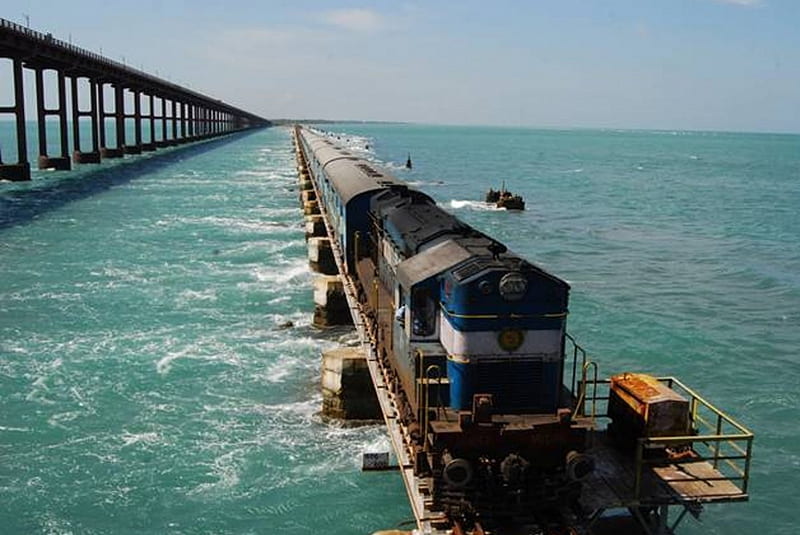 Pamban Bridge- India-, train, bridge, India, ocean, HD wallpaper
