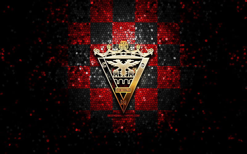Mirandes FC, glitter logo, La Liga 2, red black checkered background, Segunda, soccer, spanish football club, Mirandes logo, mosaic art, football, LaLiga 2, CD Mirandes, HD wallpaper