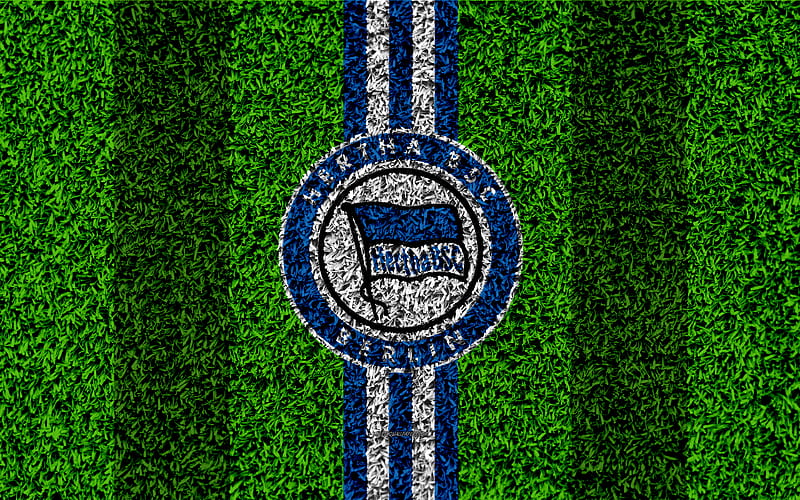 Hertha Berlin FC German football club, football lawn, logo, blue white lines, emblem, grass texture, Bundesliga, Berlin, Germany, football, HD wallpaper