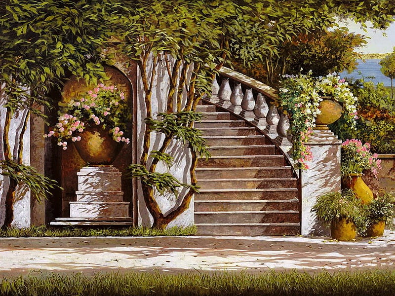 The staircase, pretty, stairs, bonito, sea, staircase, nice, painting, flowers, mediterranean, art, lovely, view, roses, lake, tree, water, arch, summer, nature, HD wallpaper